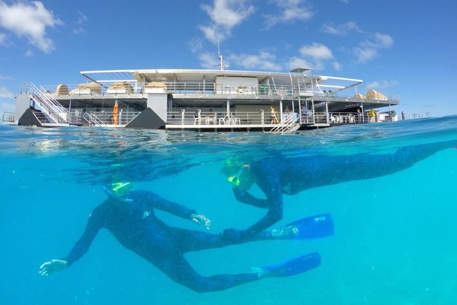 Snorkellers exploring the Great Barrier Reef beneath the Reefworld pontoon in clear turquoise water