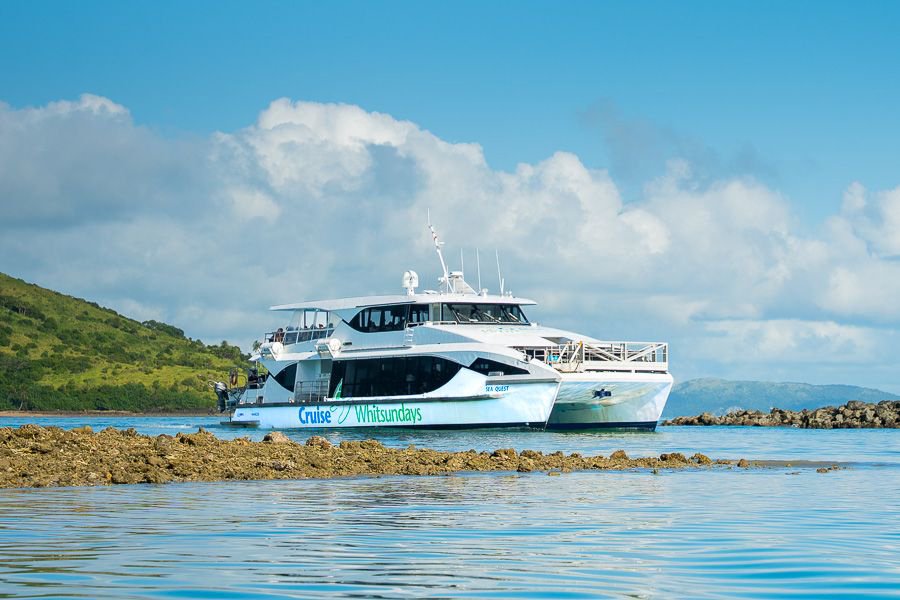 Cruise Whitsundays boat anchored near a tropical island in the Whitsundays