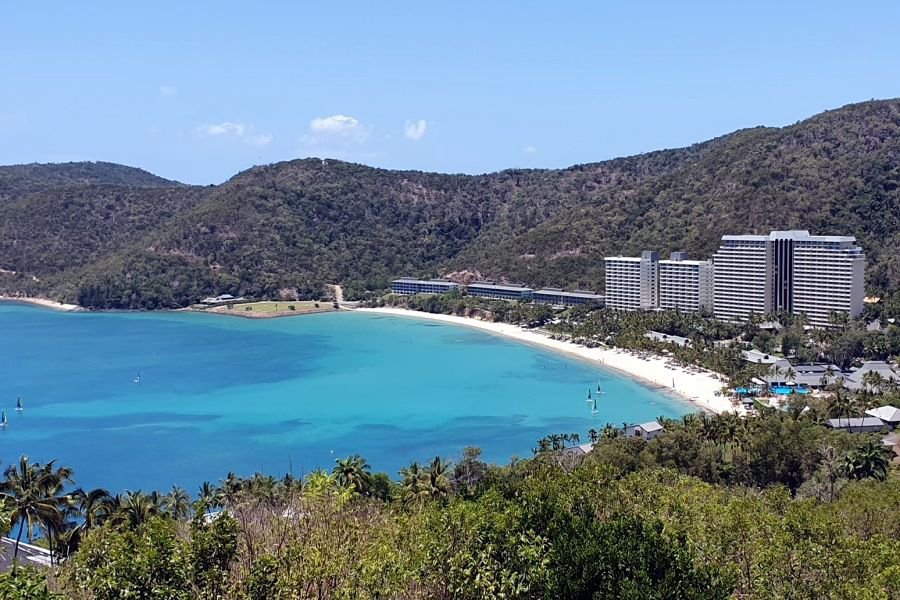 Aerial view of Hamilton Island beach and resort in the Whitsundays