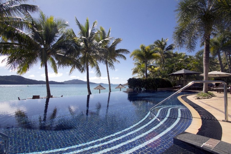 Luxury infinity pool lined with palm trees overlooking the turquoise waters of the Whitsundays