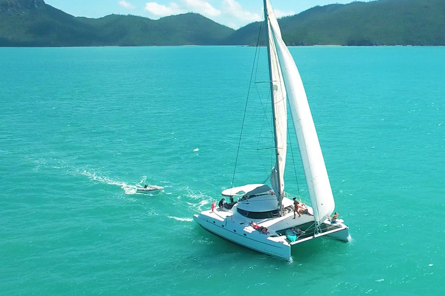 A white catamaran sailing across clear turquoise waters in the Whitsundays with lush green islands in the background on a sunny day