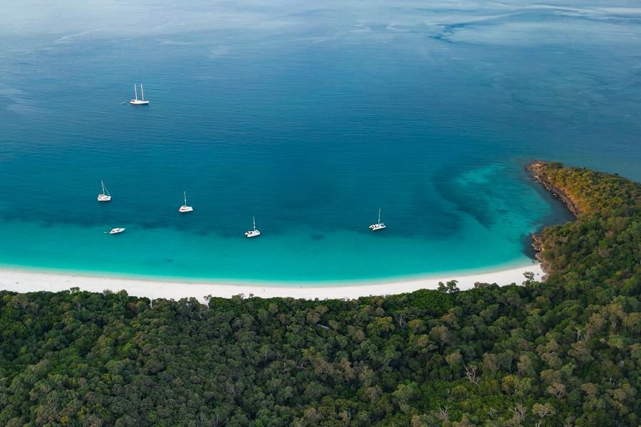 aerial view of south whitehaven beach and surrounded forest with boats anchored in the waters