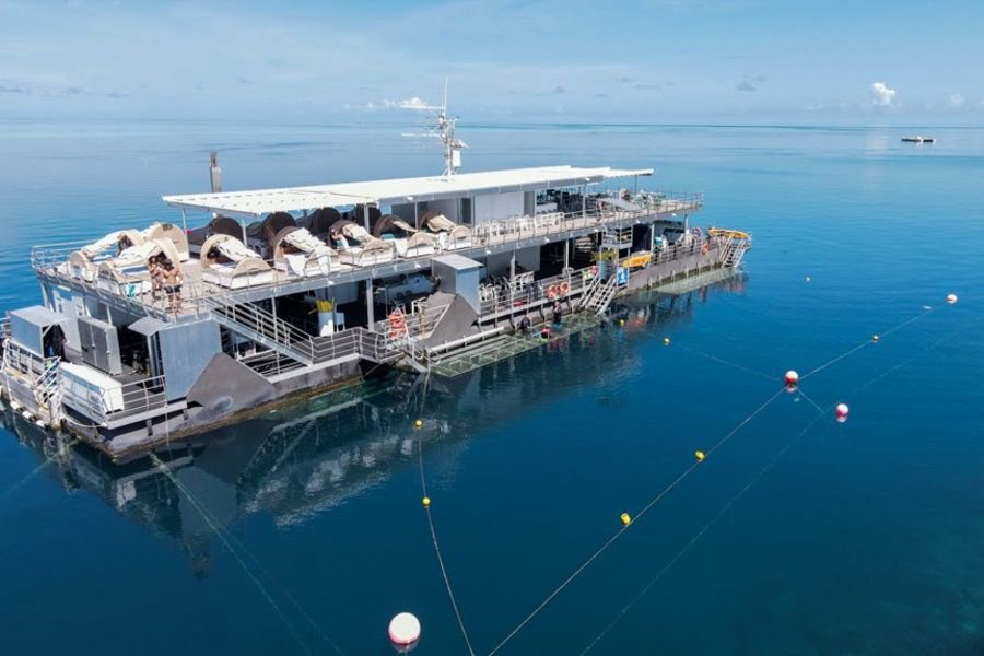 reefsleep pontoon with outdoor reefbeds and amenities anchored on the great barrier reef