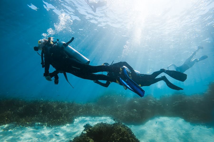 two scuba divers swimming through the underwater world with sunlight streaming in above